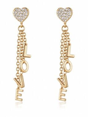 BCBGeneration Gold Tone Rhinestone Heart LOVE Dangle Earrings NWT